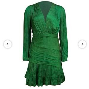 Maje Plisse Plunge V-Neck Long Sleeve Cocktail Mini Dress Emerald Green EUC 6